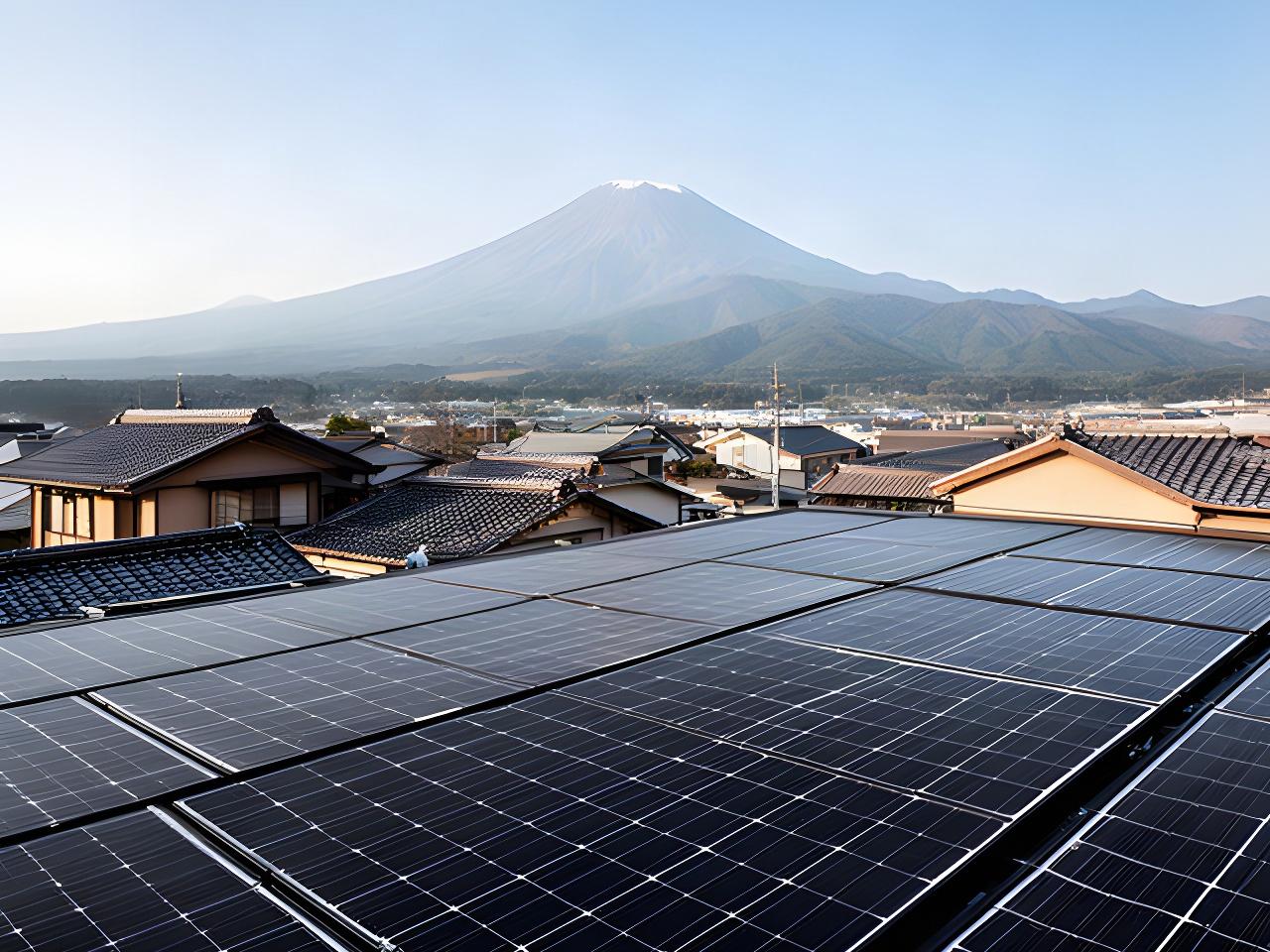 浅間山を望む小諸市の住宅屋根に整然と設置された太陽光パネル