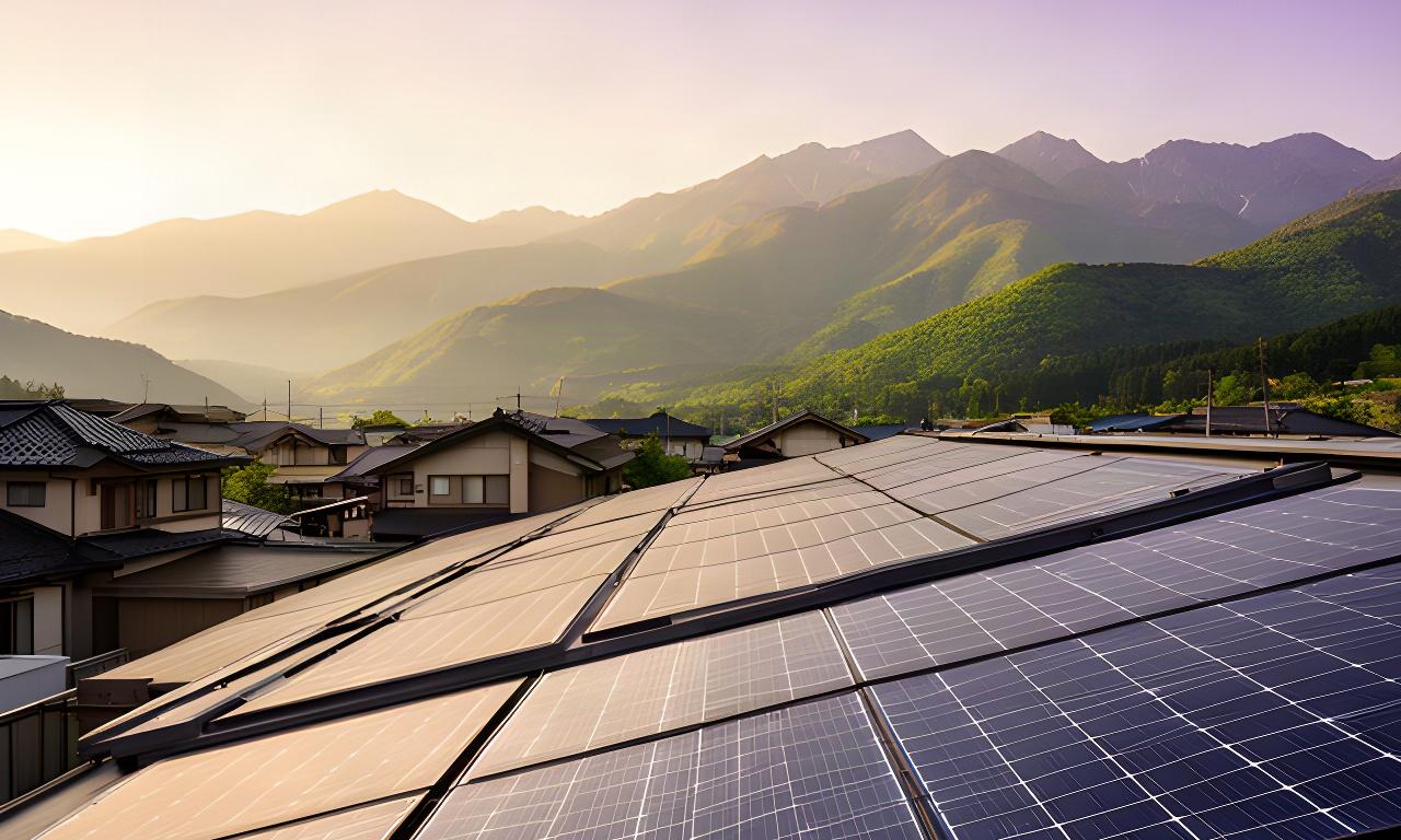 長野県小諸市の住宅屋根に設置された太陽光パネルと朝の山並み